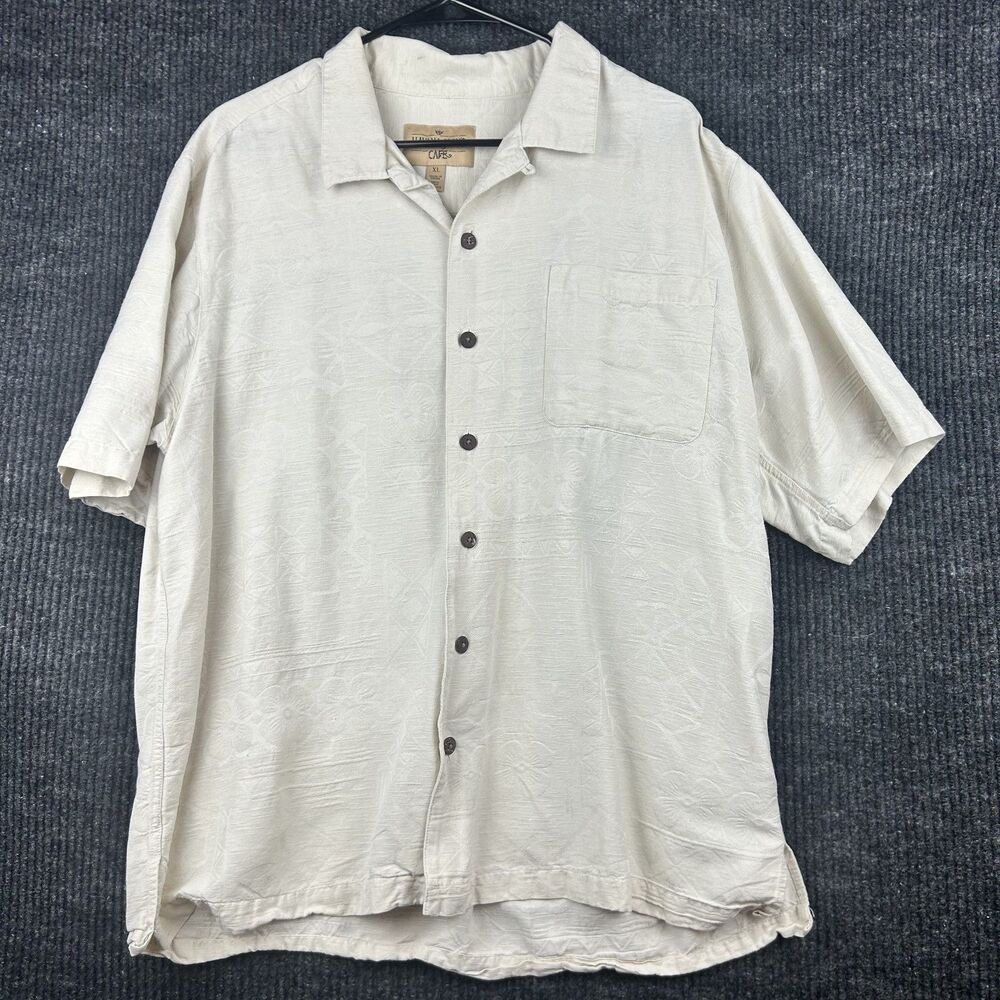 Havana Jacks Cafe Mens XL Ivory  Button Up Hawaiian camp Shirt 100% SILK